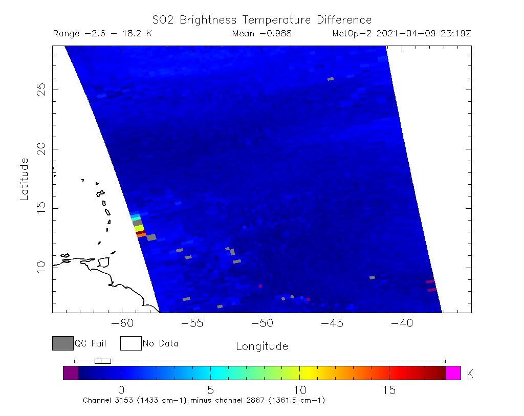SO2 Brightness Temperature Difference 2021-04-09 23:19Z