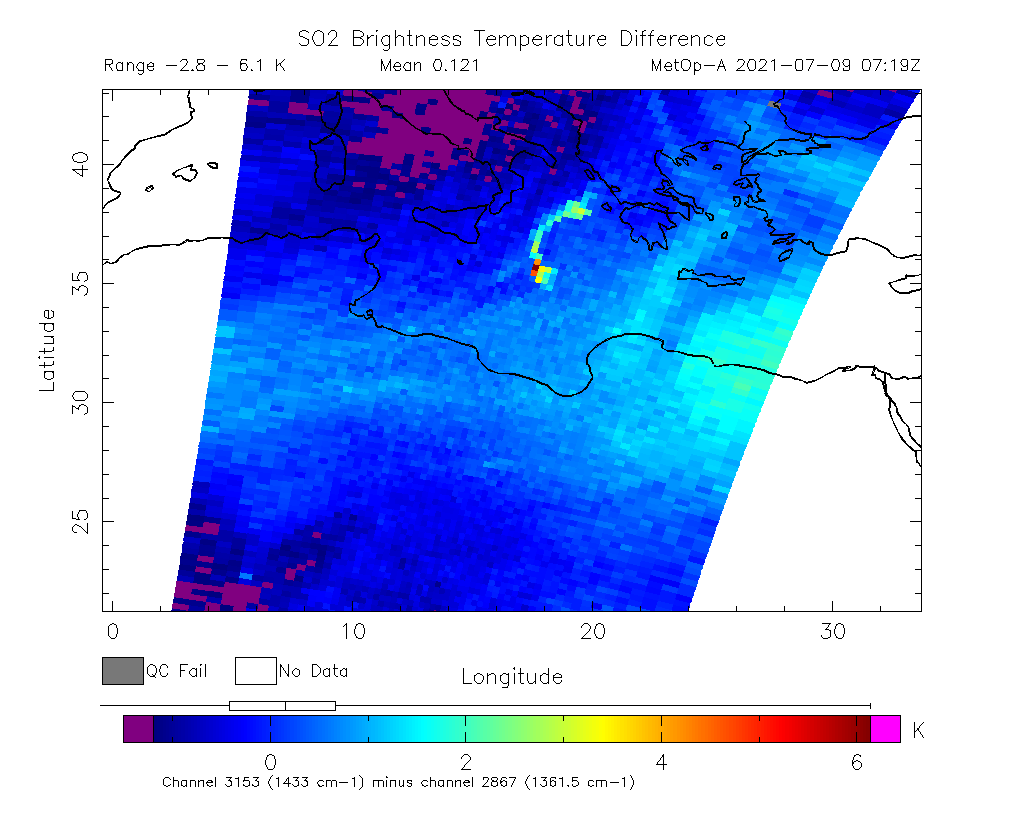 SO2 Brightness Temperature Difference 2021-07-09 07:19Z