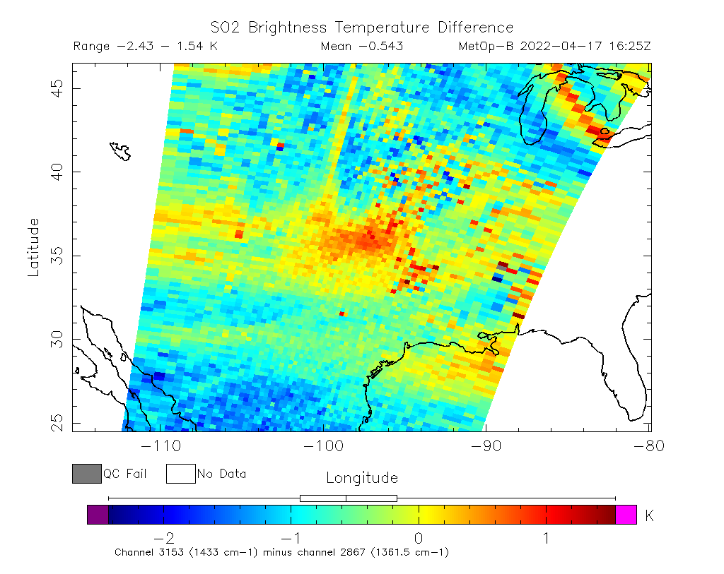 SO2 Brightness Temperature Difference 2022-04-17 16:25Z