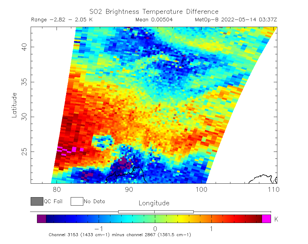 SO2 Brightness Temperature Difference 2022-05-14 03:37Z