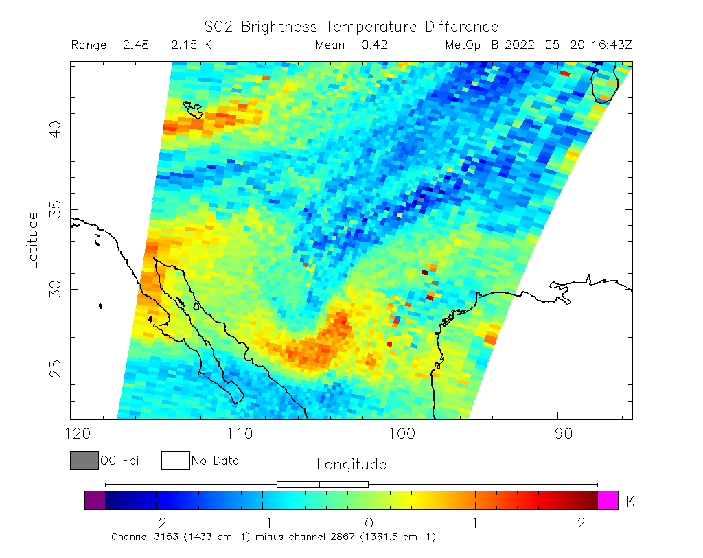 SO2 Brightness Temperature Difference 2022-05-20 16:43Z