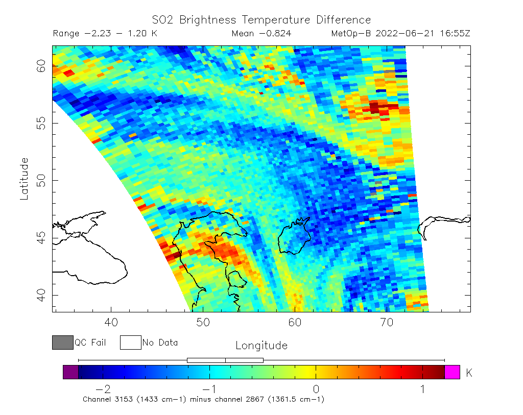 SO2 Brightness Temperature Difference 2022-06-21 16:55Z