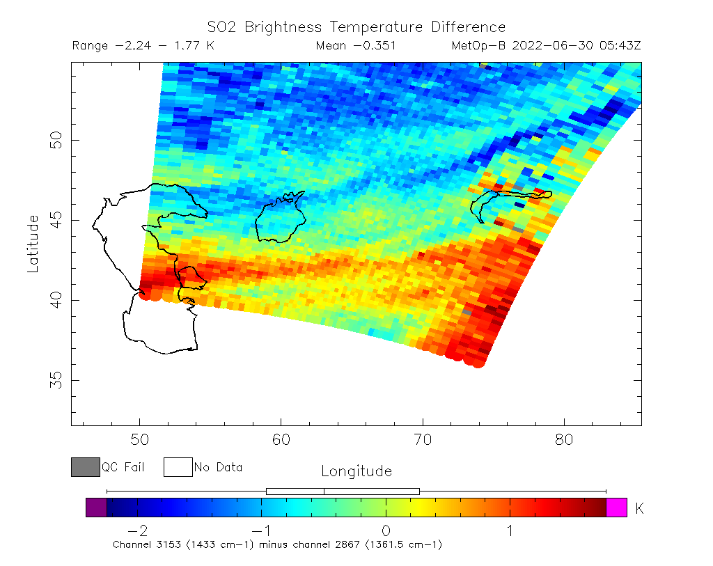 SO2 Brightness Temperature Difference 2022-06-30 05:43Z