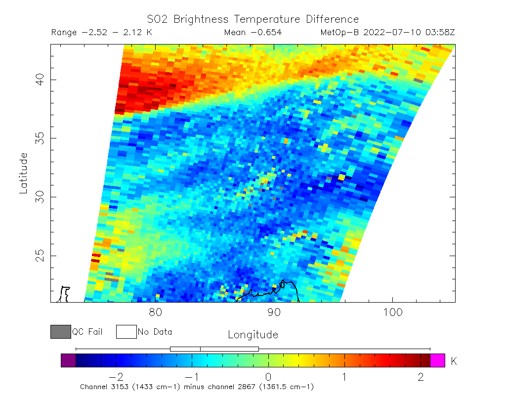 SO2 Brightness Temperature Difference 2022-07-10 03:58Z