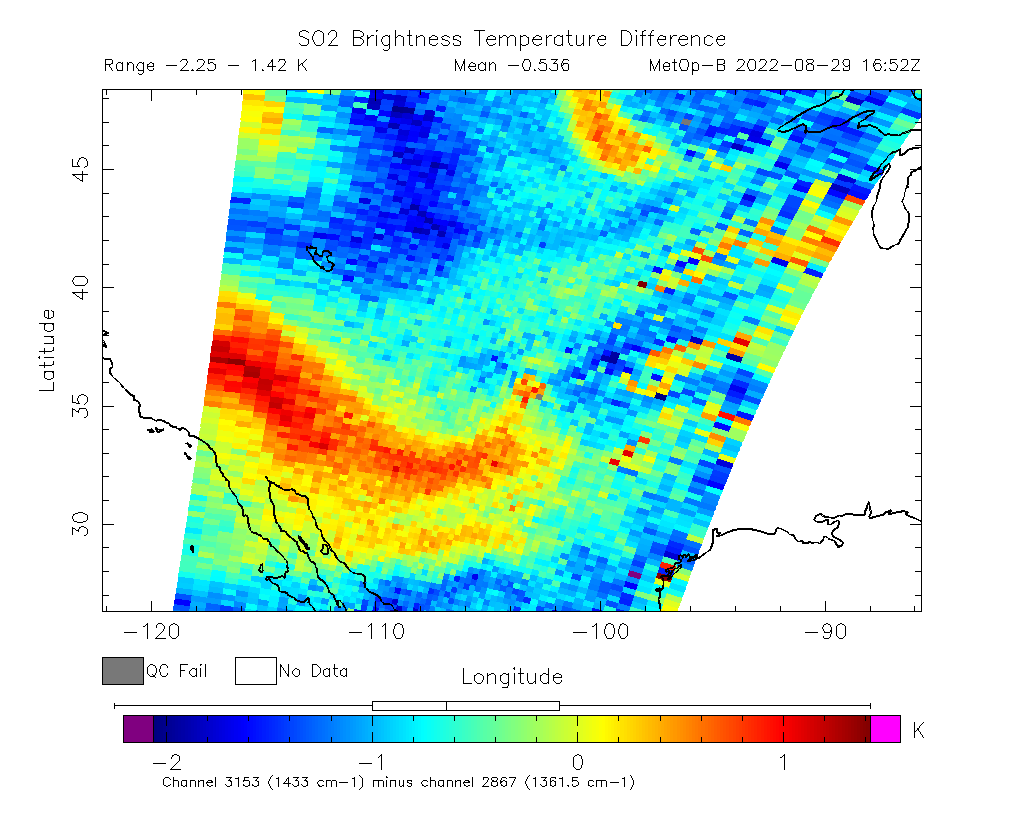 SO2 Brightness Temperature Difference 2022-08-29 16:52Z