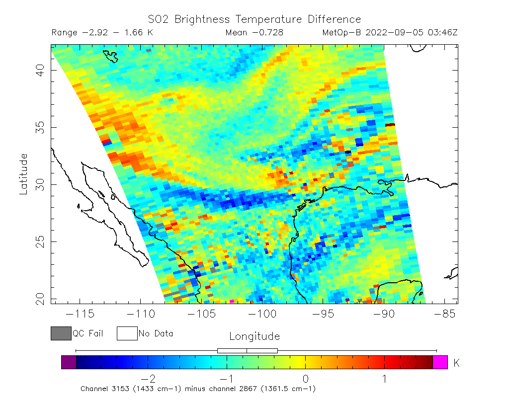 SO2 Brightness Temperature Difference 2022-09-05 03:46Z