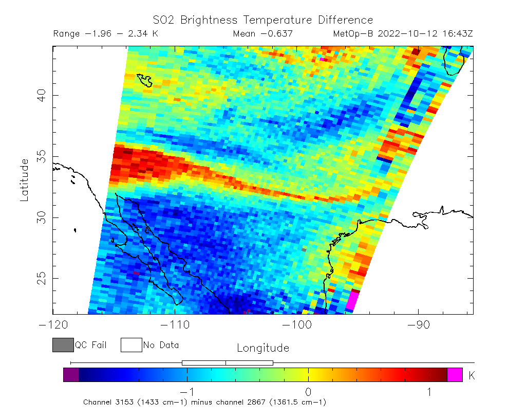 SO2 Brightness Temperature Difference 2022-10-12 16:43Z