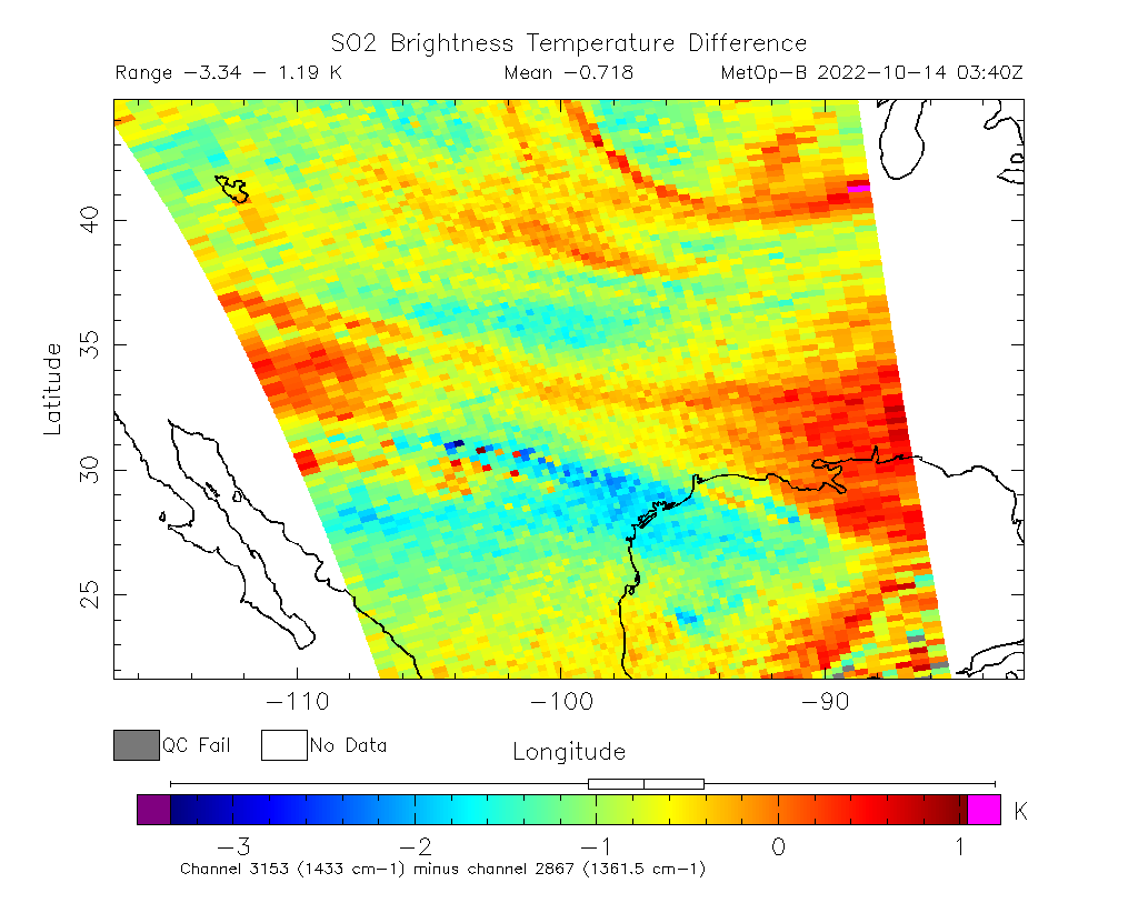 SO2 Brightness Temperature Difference 2022-10-14 03:40Z