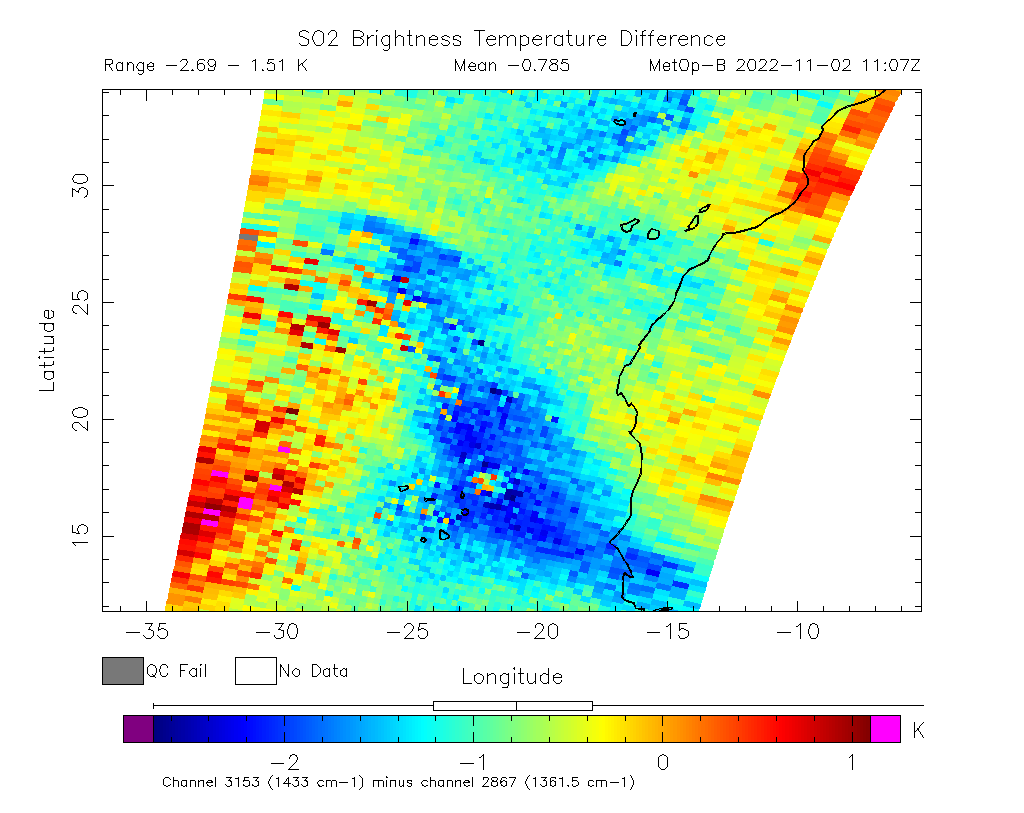 SO2 Brightness Temperature Difference 2022-11-02 11:07Z
