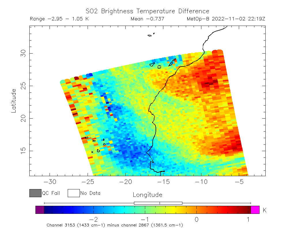 SO2 Brightness Temperature Difference 2022-11-02 22:19Z