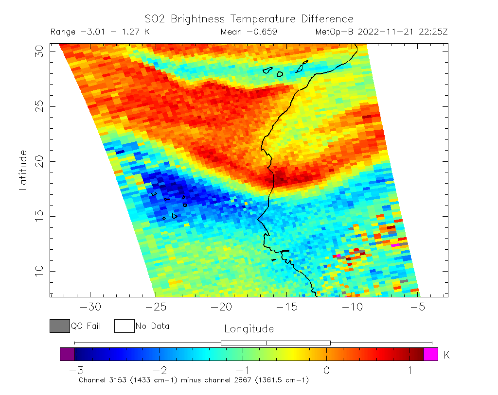 SO2 Brightness Temperature Difference 2022-11-21 22:25Z