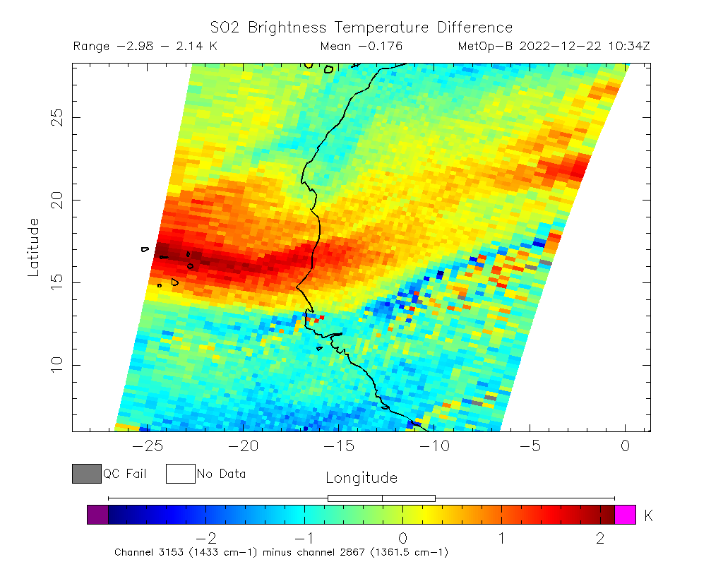 SO2 Brightness Temperature Difference 2022-12-22 10:34Z