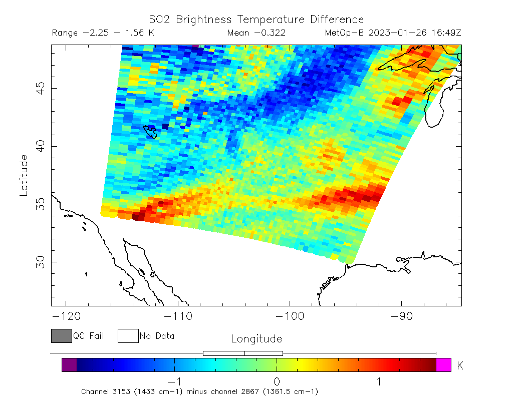 SO2 Brightness Temperature Difference 2023-01-26 16:49Z