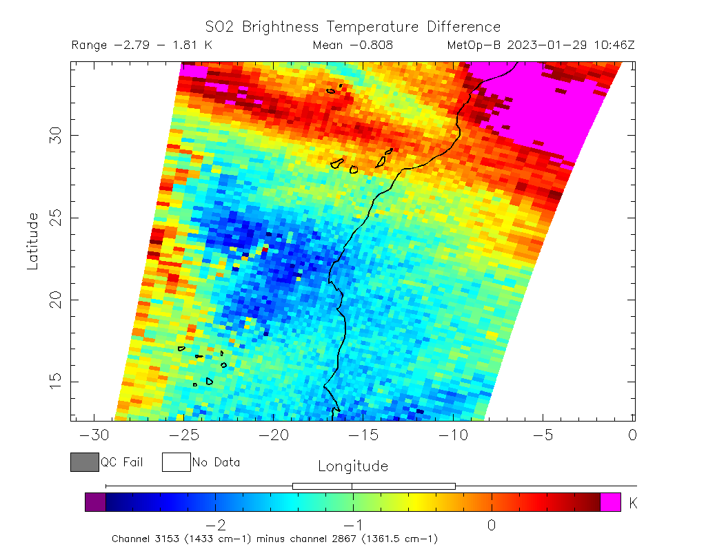 SO2 Brightness Temperature Difference 2023-01-29 10:46Z