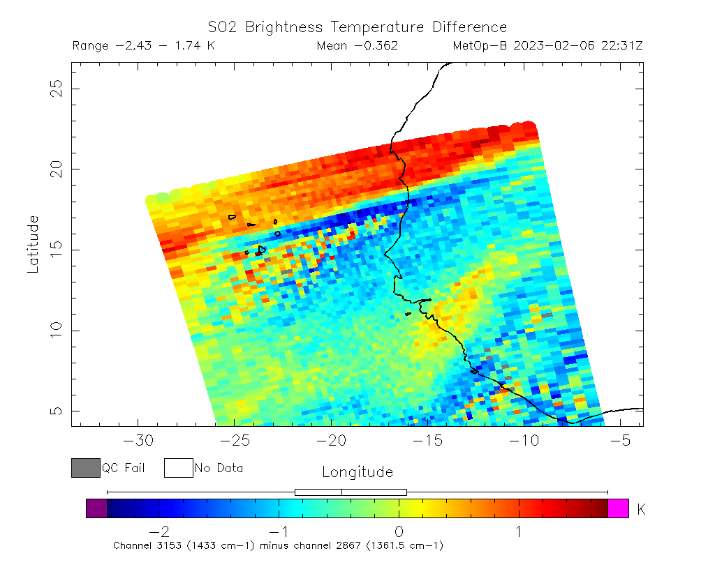 SO2 Brightness Temperature Difference 2023-02-06 22:31Z