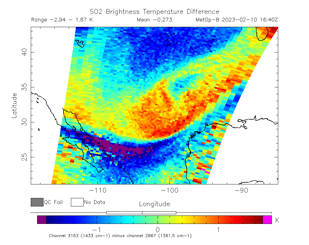SO2 Brightness Temperature Difference 2023-02-10 16:40Z