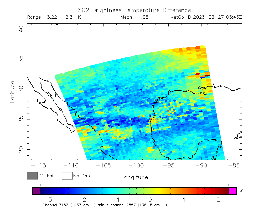 SO2 Brightness Temperature Difference 2023-03-27 03:46Z