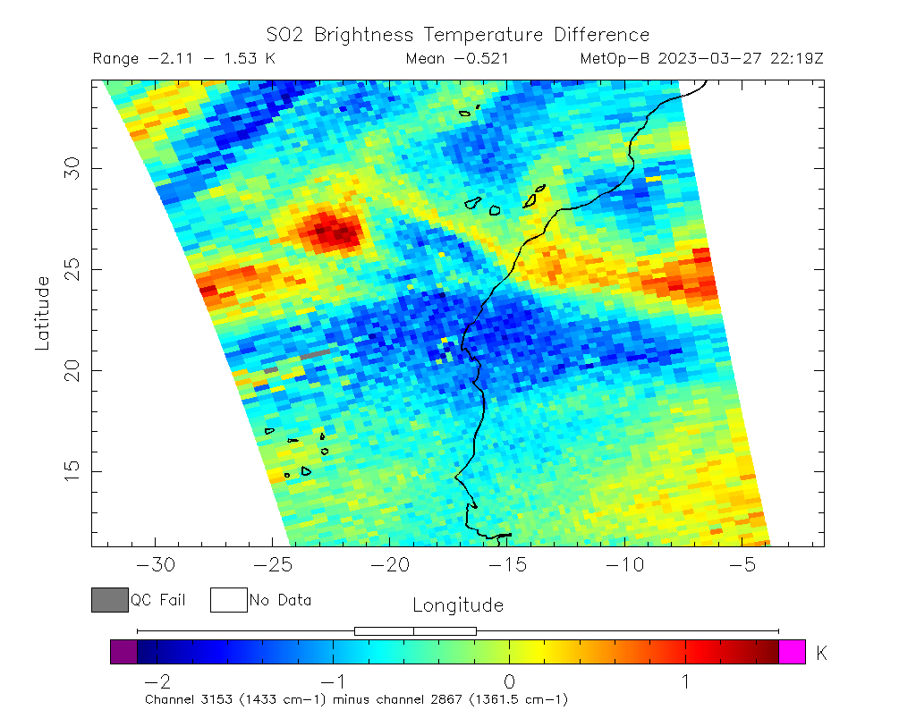 SO2 Brightness Temperature Difference 2023-03-27 22:19Z