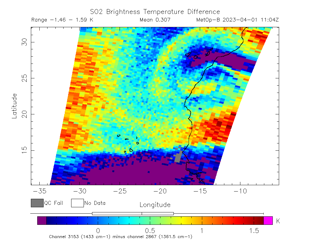 SO2 Brightness Temperature Difference 2023-04-01 11:04Z
