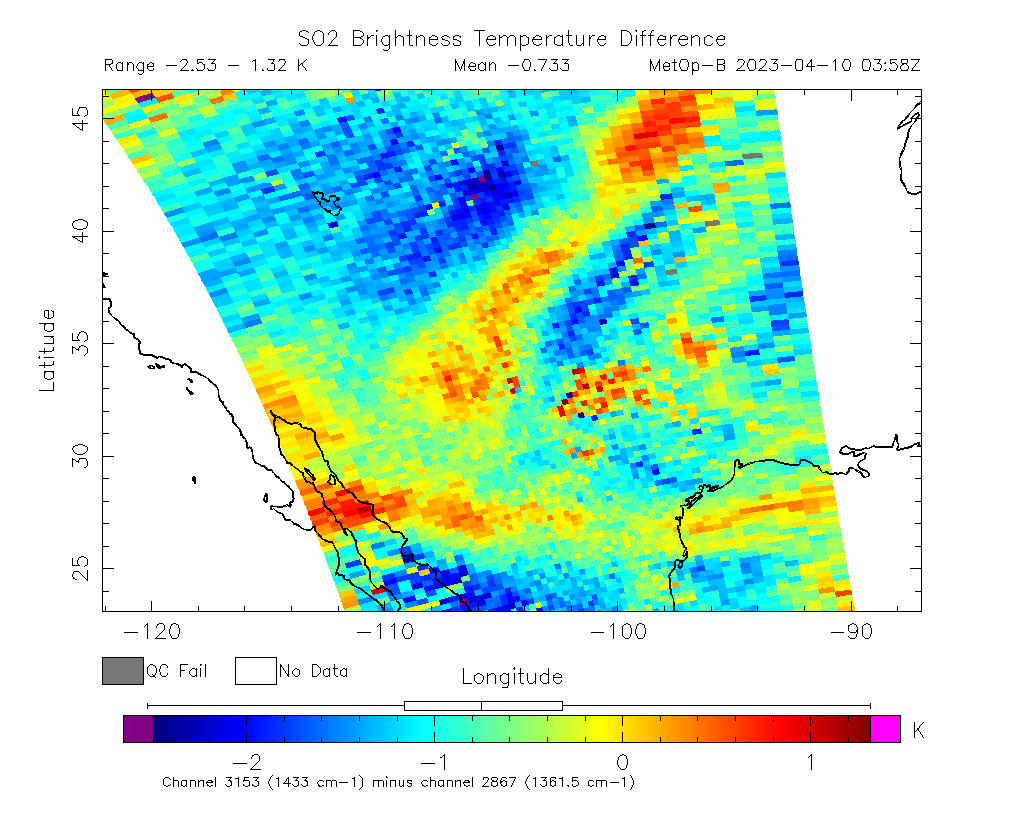 SO2 Brightness Temperature Difference 2023-04-10 03:58Z