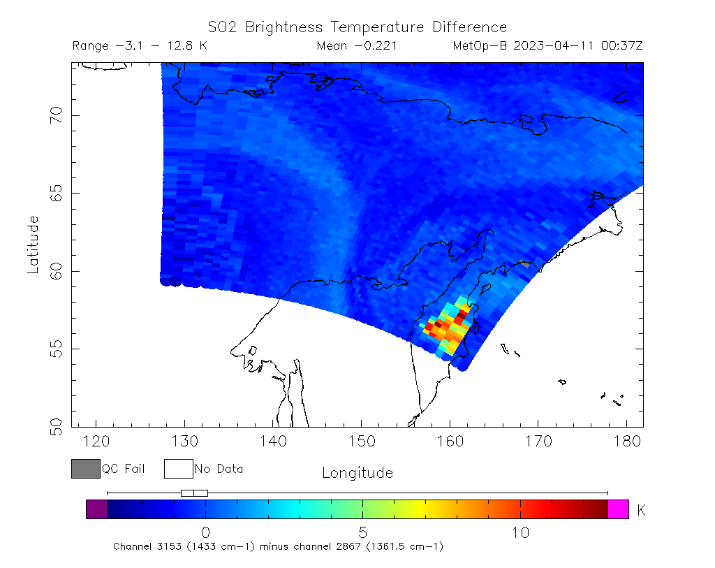 SO2 Brightness Temperature Difference 2023-04-11 00:37Z