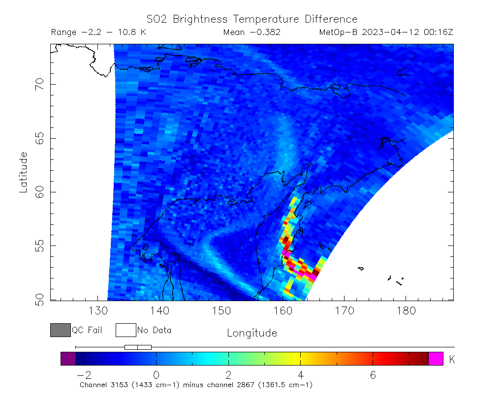 SO2 Brightness Temperature Difference 2023-04-12 00:16Z