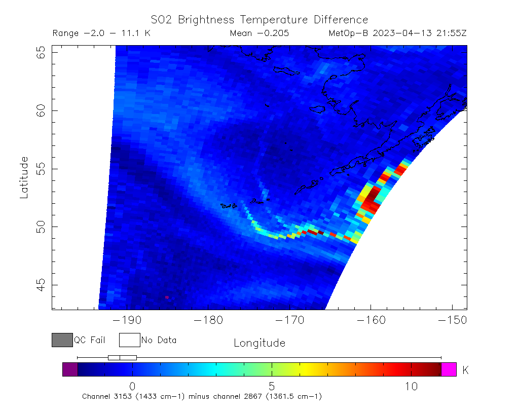 SO2 Brightness Temperature Difference 2023-04-13 21:55Z