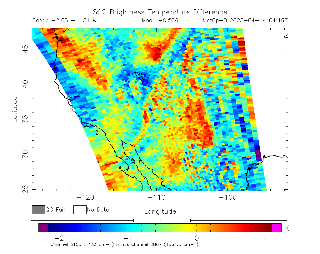 SO2 Brightness Temperature Difference 2023-04-14 04:16Z