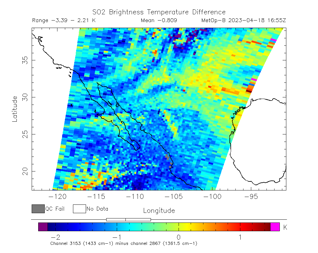 SO2 Brightness Temperature Difference 2023-04-18 16:55Z