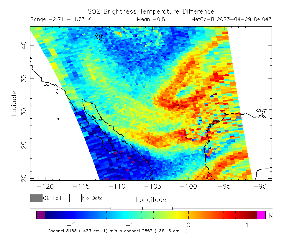 SO2 Brightness Temperature Difference 2023-04-29 04:04Z