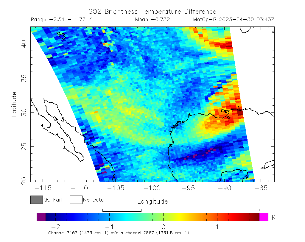 SO2 Brightness Temperature Difference 2023-04-30 03:43Z