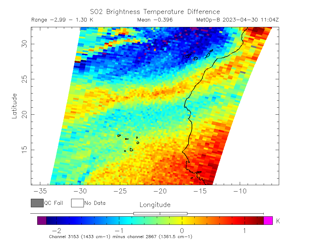 SO2 Brightness Temperature Difference 2023-04-30 11:04Z
