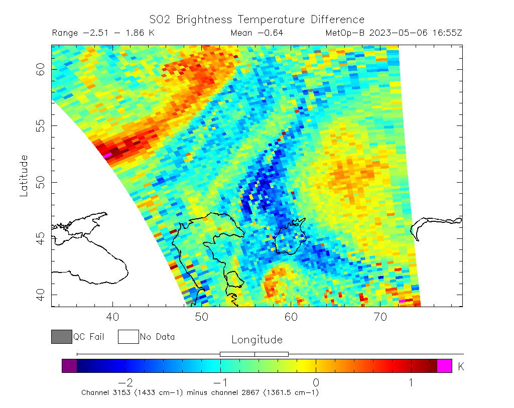 SO2 Brightness Temperature Difference 2023-05-06 16:55Z