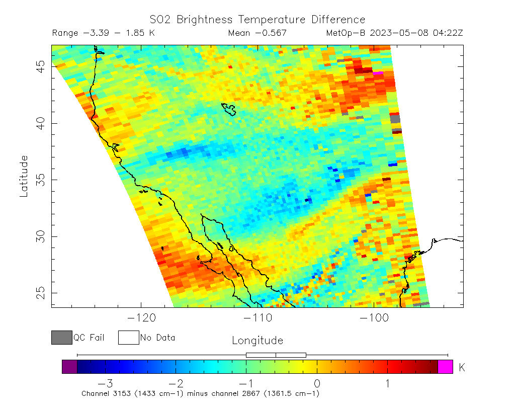 SO2 Brightness Temperature Difference 2023-05-08 04:22Z