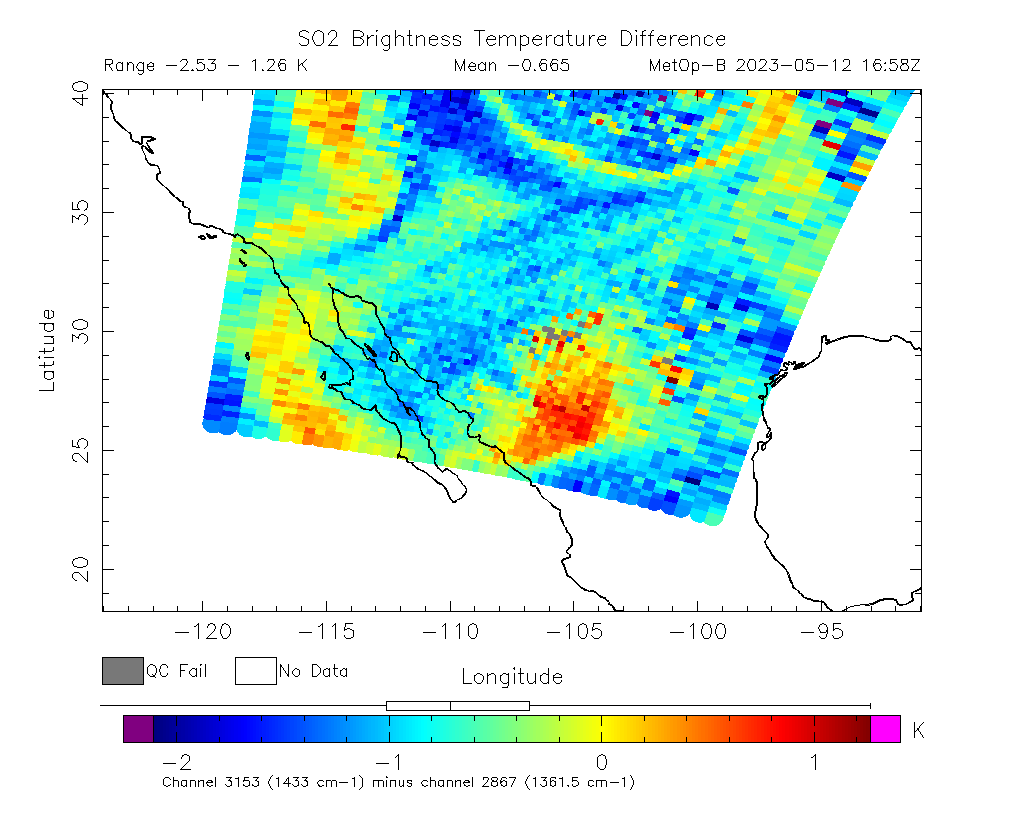 SO2 Brightness Temperature Difference 2023-05-12 16:58Z