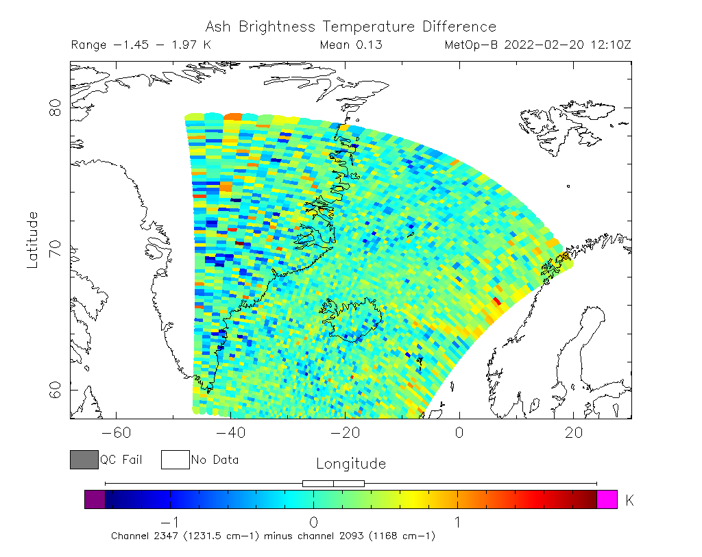 Ash Brightness Temperature Difference 2022-02-20 12:10Z