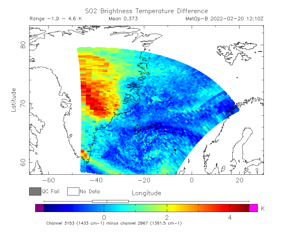 SO2 Brightness Temperature Difference 2022-02-20 12:10Z