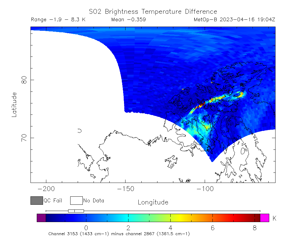 SO2 Brightness Temperature Difference 2023-04-16 19:04Z
