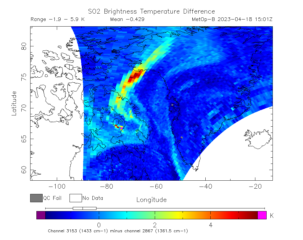 SO2 Brightness Temperature Difference 2023-04-18 15:01Z