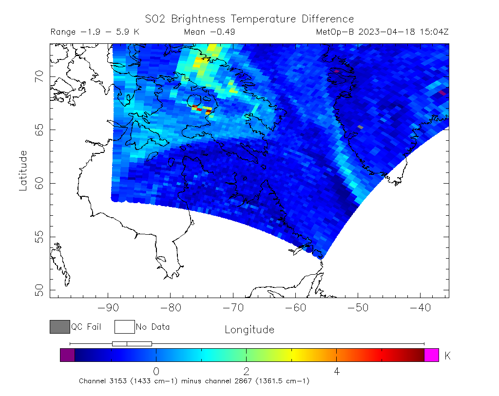 SO2 Brightness Temperature Difference 2023-04-18 15:04Z