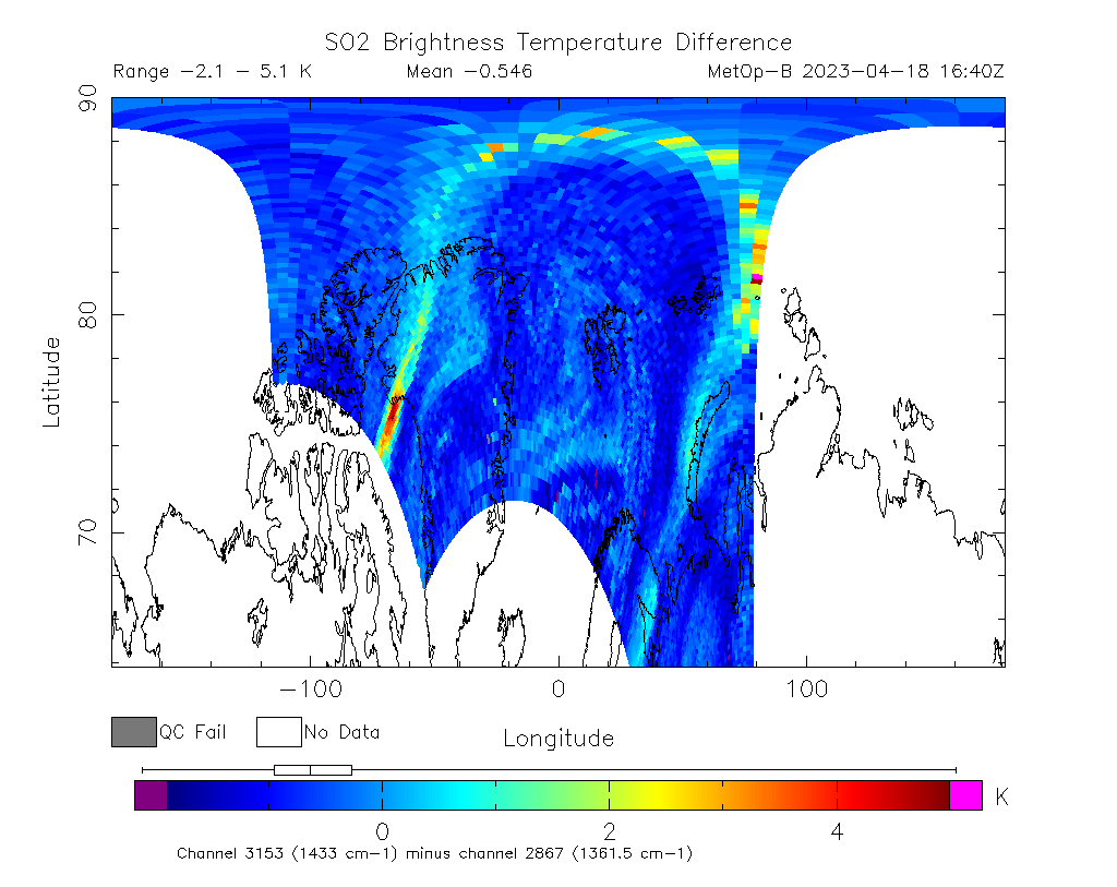 SO2 Brightness Temperature Difference 2023-04-18 16:40Z