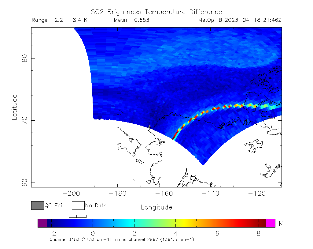 SO2 Brightness Temperature Difference 2023-04-18 21:46Z
