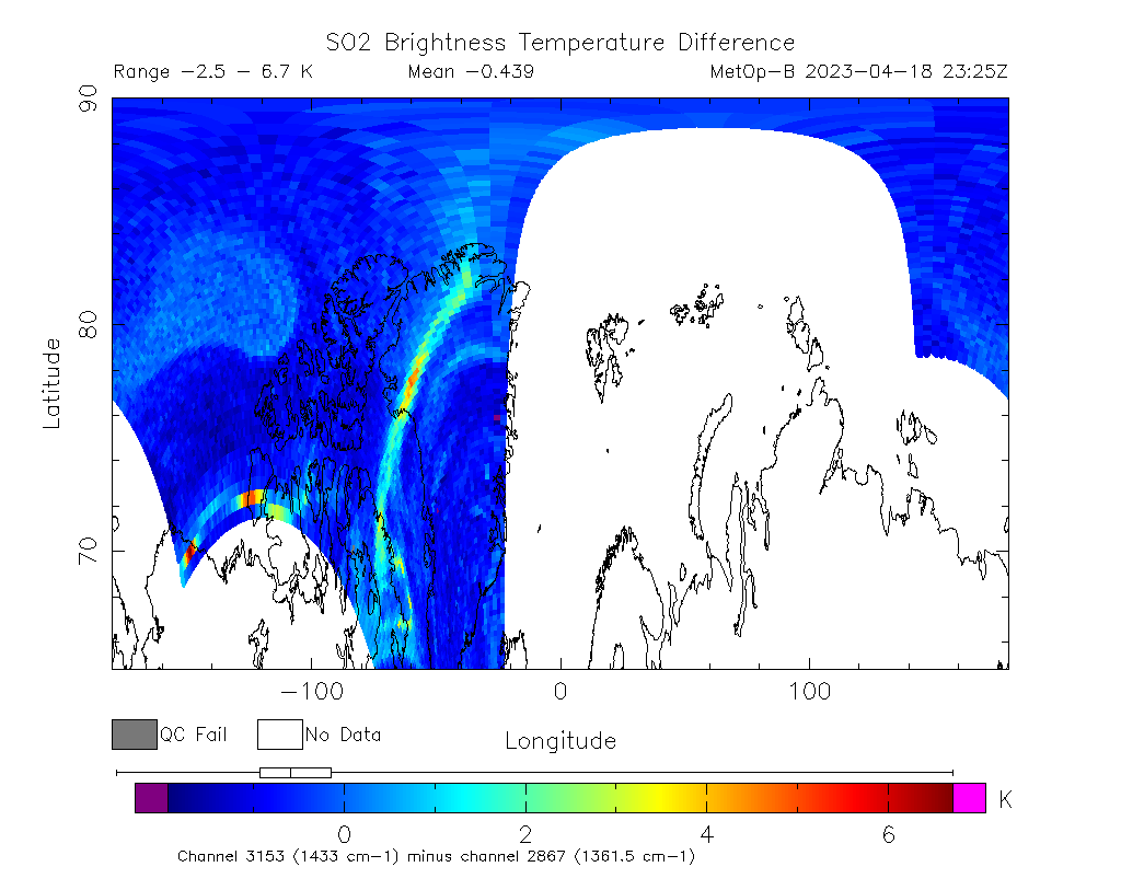 SO2 Brightness Temperature Difference 2023-04-18 23:25Z