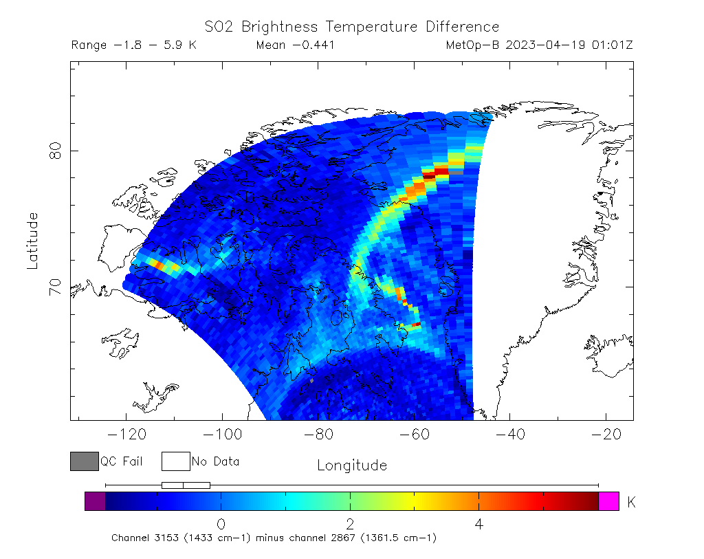 SO2 Brightness Temperature Difference 2023-04-19 01:01Z