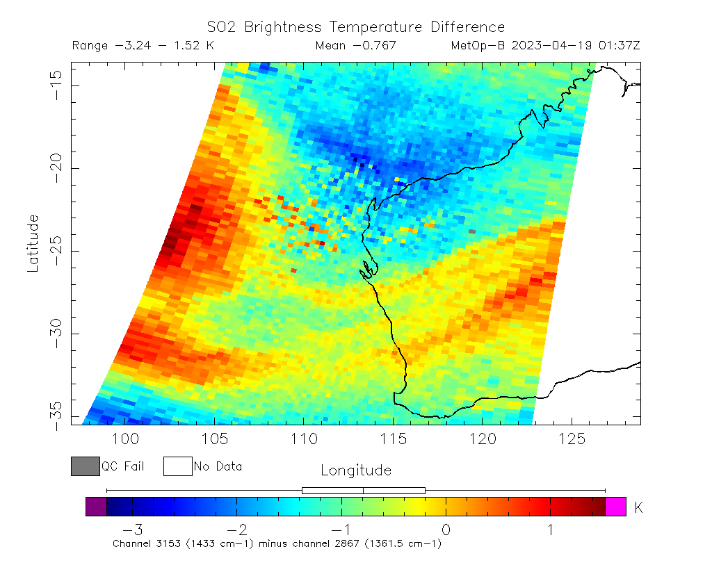 SO2 Brightness Temperature Difference 2023-04-19 01:37Z