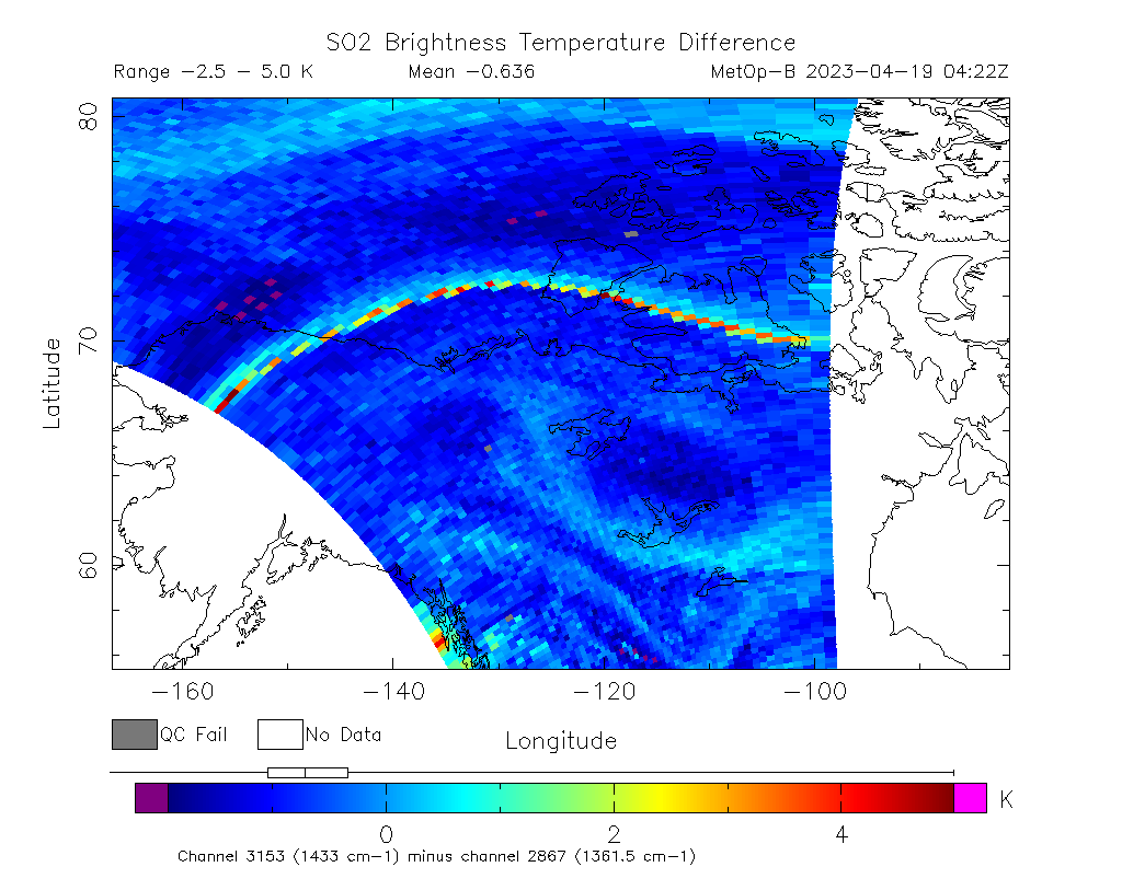 SO2 Brightness Temperature Difference 2023-04-19 04:22Z