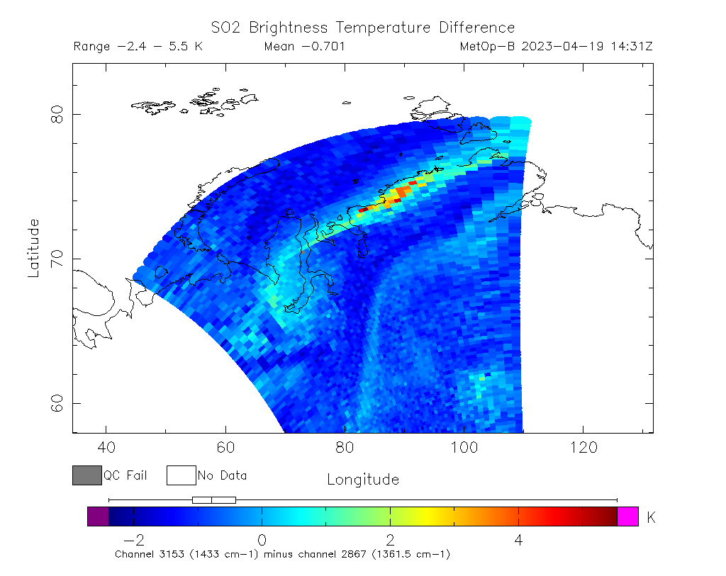 SO2 Brightness Temperature Difference 2023-04-19 14:31Z