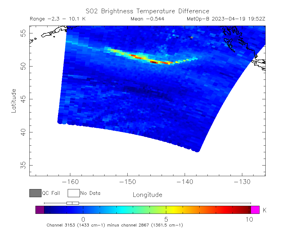 SO2 Brightness Temperature Difference 2023-04-19 19:52Z
