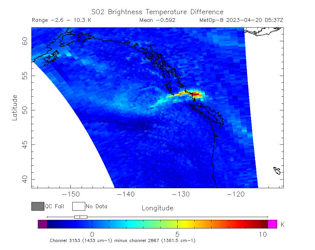 SO2 Brightness Temperature Difference 2023-04-20 05:37Z