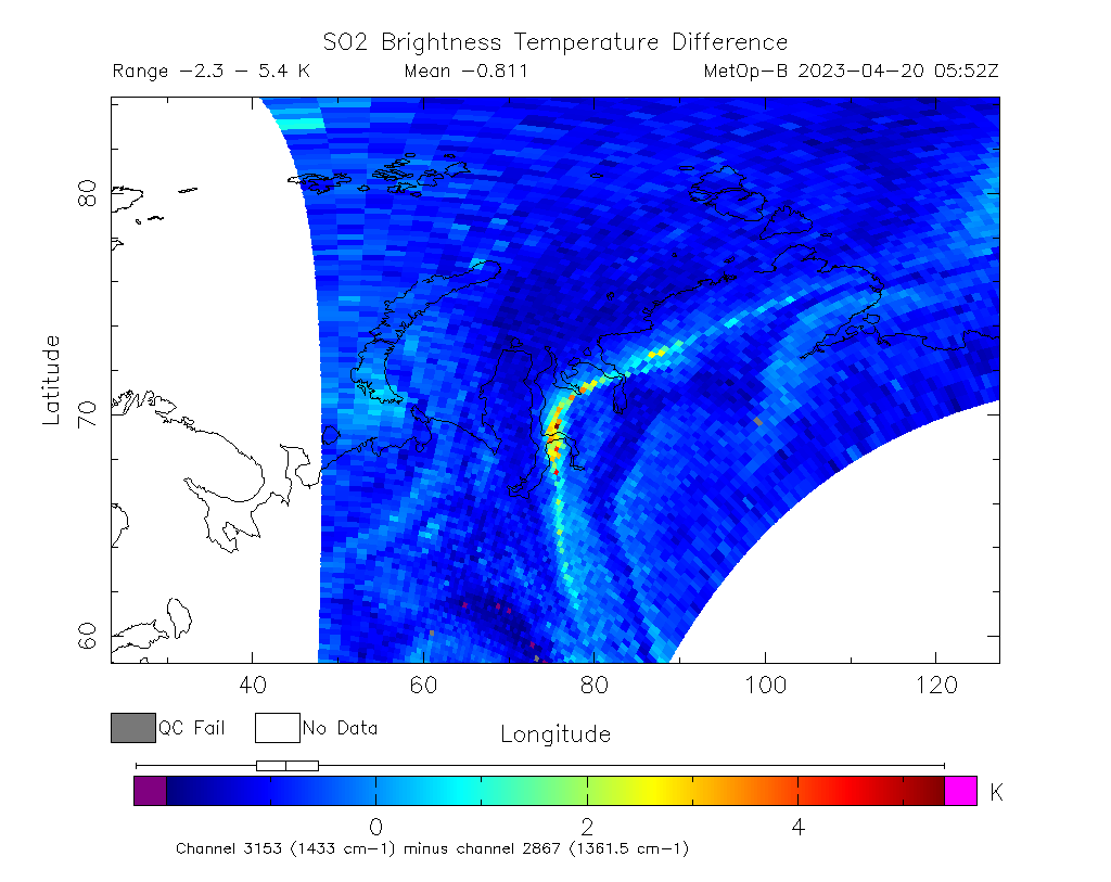 SO2 Brightness Temperature Difference 2023-04-20 05:52Z